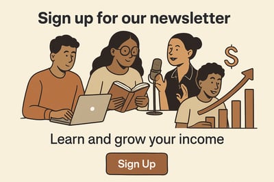 Newsletter signup illustration featuring creators and entrepreneurs learning and growing their income. Newsletter signup illustration featuring creators and entrepreneurs learning and growing their income.