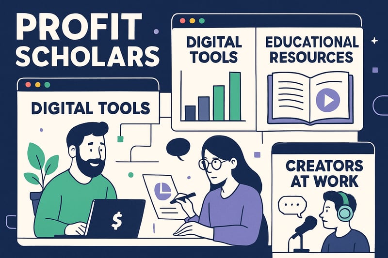 Profit Scholars platform showcasing digital tools, educational resources, and creators at work