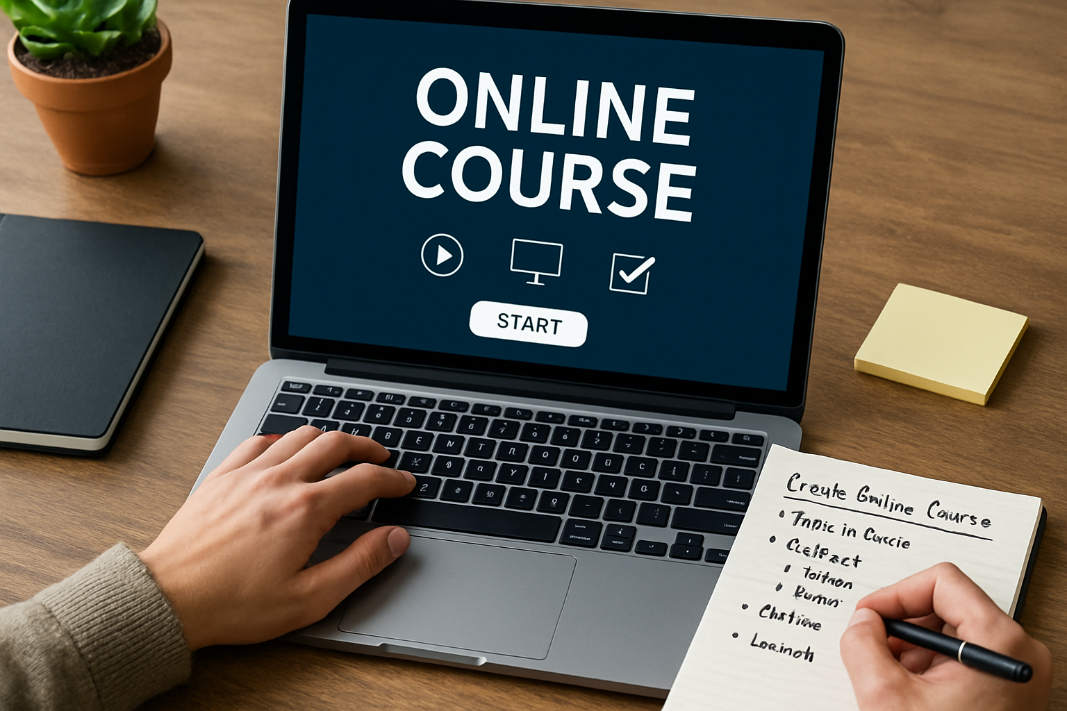 Creator developing an online course with a laptop and notes