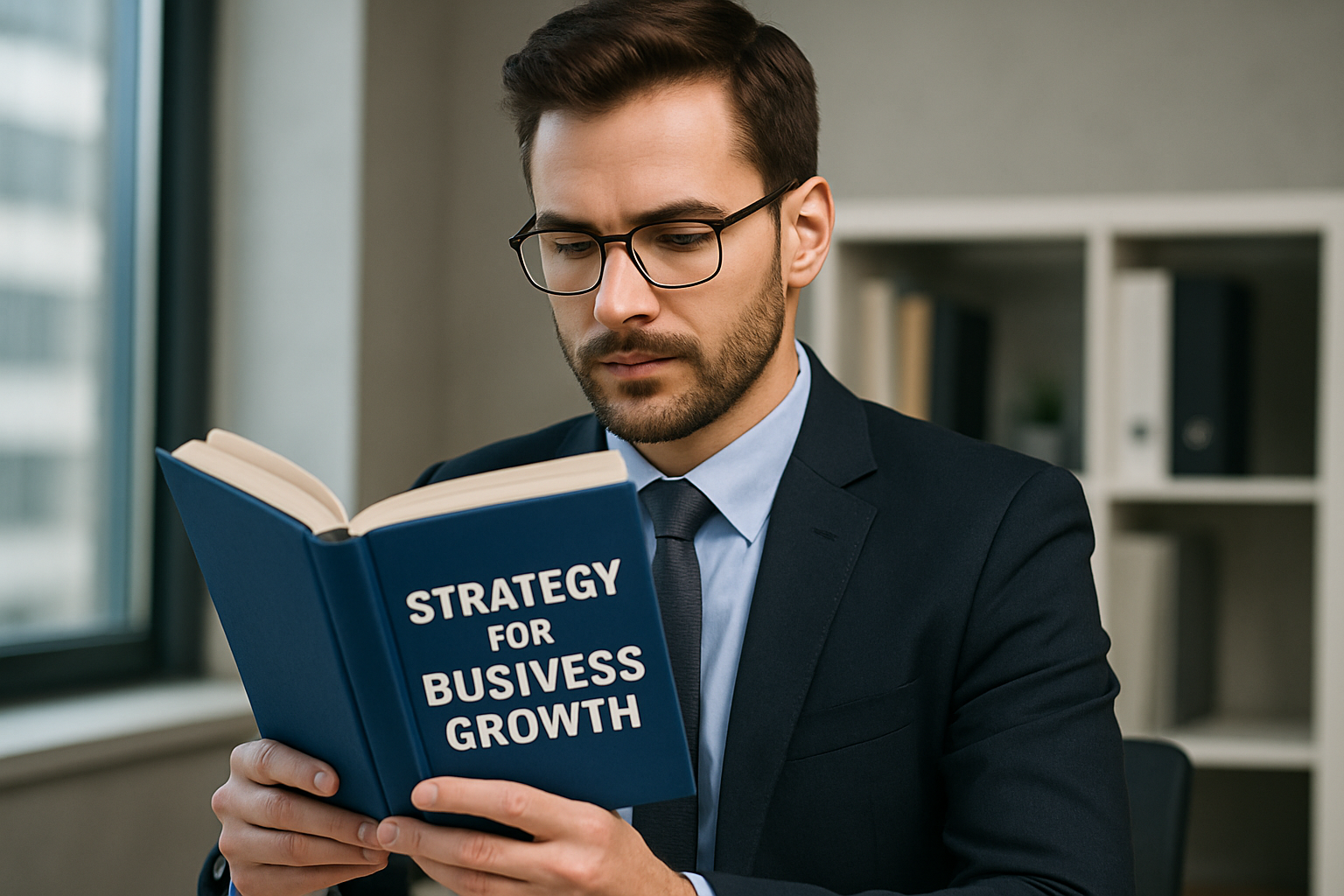 Professional reading a strategy book for business growth